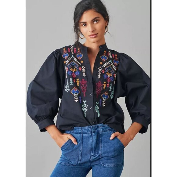Anthropologie Pilcro Womens Small Jodie Embroidered Blouse Long Sleeve Shirt - Picture 2 of 10